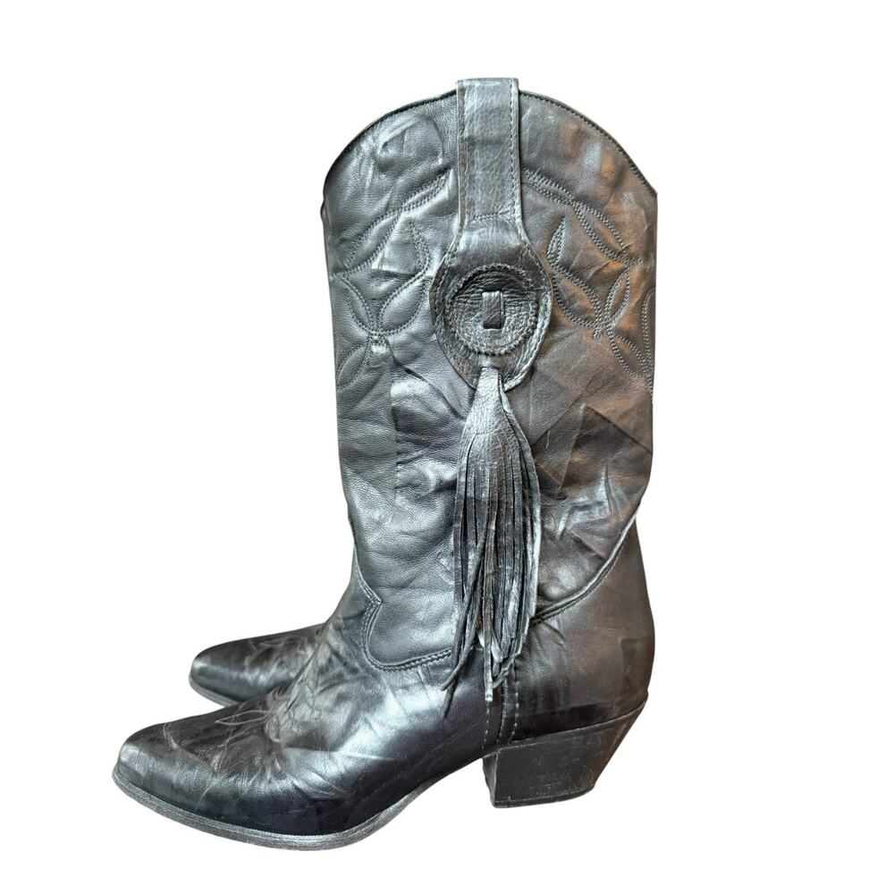 Laredo Vintage Women Size 5M Fringe Tassel Leather Western Boots Black Pull On